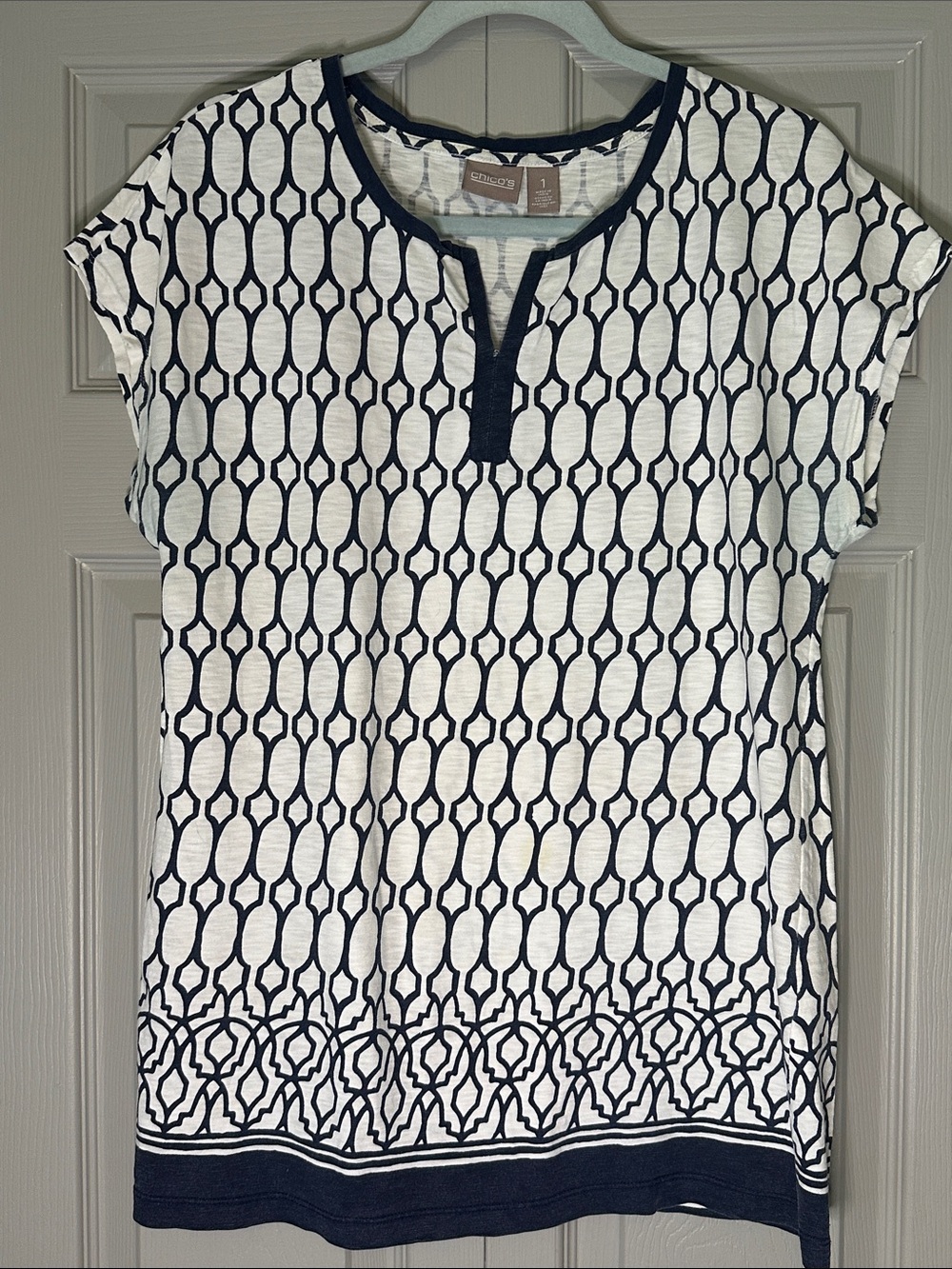 Chico's White and Navy Geometric Henley Tunic